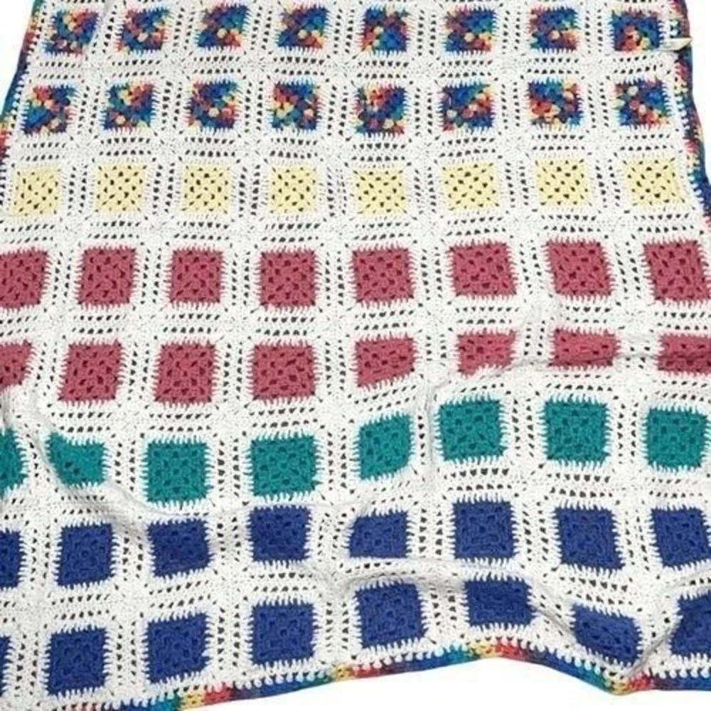 Handmade Crochet‎ Granny Square Blanket White Pink Blue Boho Cottagecore Throw